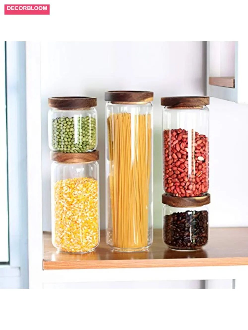5-Piece Glass Canister Set with Airtight Acacia Wood Lids Kitchen Storage
